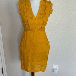 Odille x Anthropologie mustard yellow ruffled dress Sz 2 BOHO